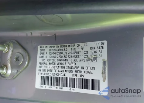 2009 Honda Cr-V Ex from USA, damaged, VIN JHLRE38509C010343